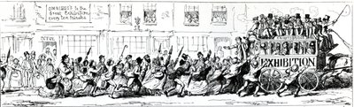"Omnibuss to the Great Exhibition kymmenen minuutin välein", yksityiskohta Odds and Endsistä, sisään, ulos ja noin, 1851 (yksityiskohta 151675) tekijältä George Cruikshank